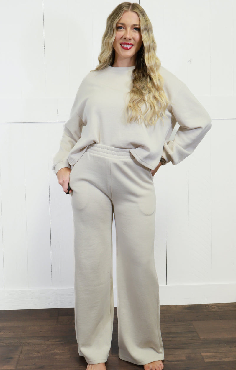 Zenana French Ribbed Pants Set Beige