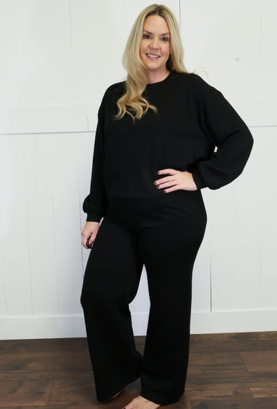 Zenana French Ribbed Pants Set Black