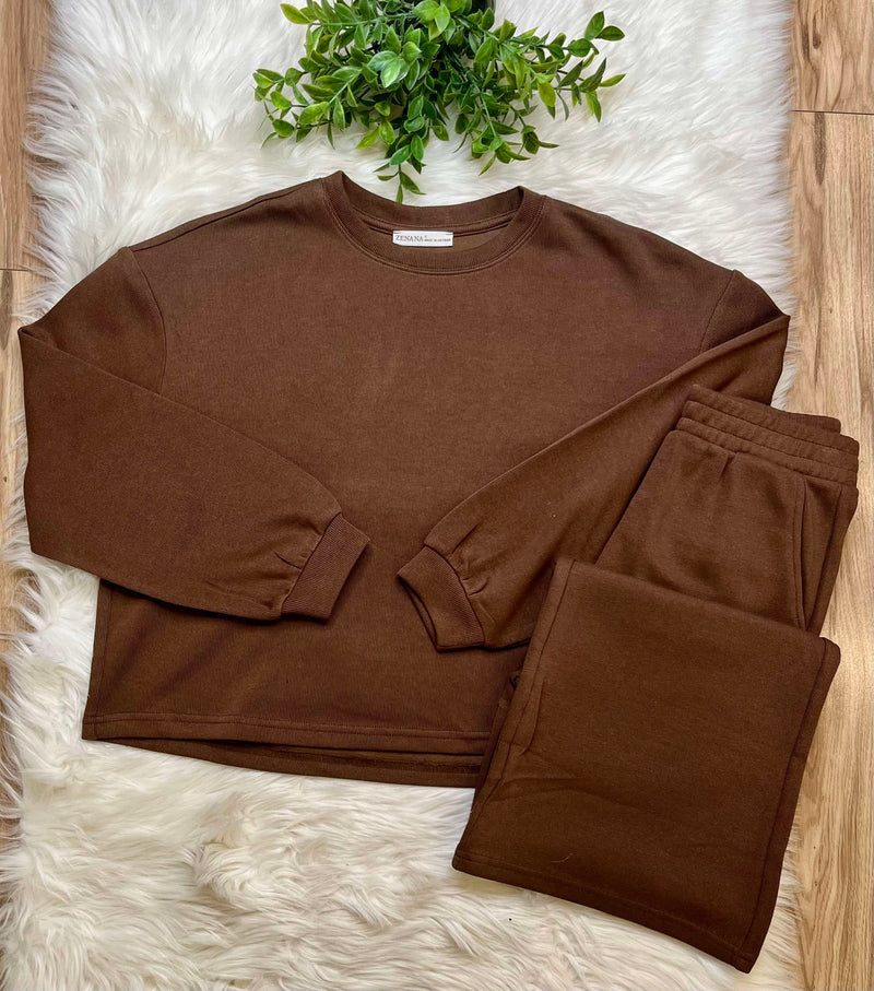 Zenana French Ribbed Pants Set Brown