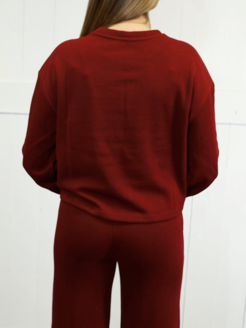 Zenana French Ribbed Pants Set Dark Burgundy