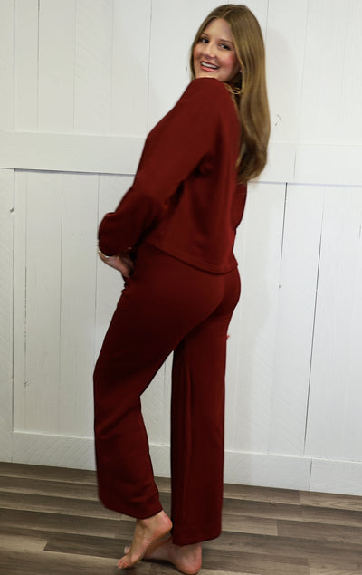 Zenana French Ribbed Pants Set Dark Burgundy
