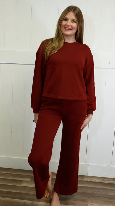 Zenana French Ribbed Pants Set Dark Burgundy
