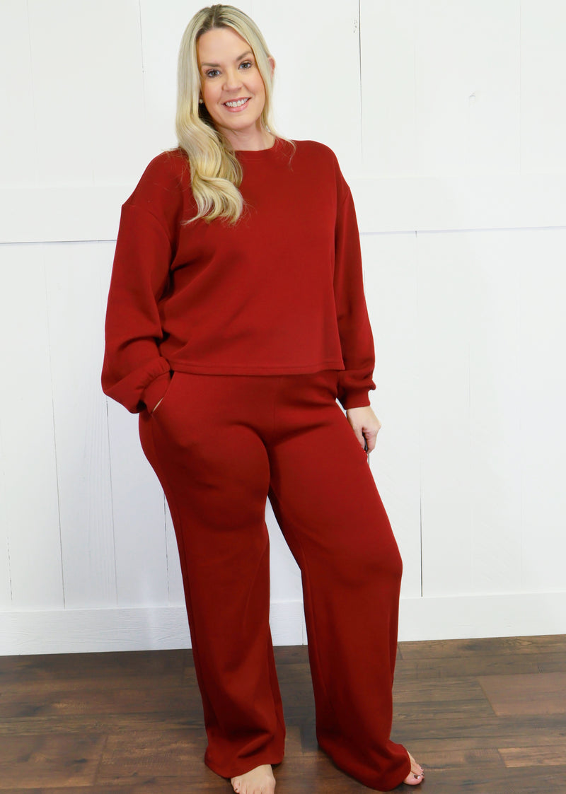 Zenana French Ribbed Pants Set Dark Burgundy