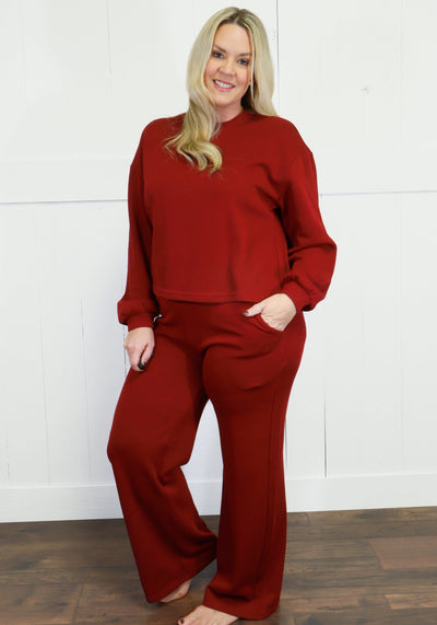 Zenana French Ribbed Pants Set Dark Burgundy