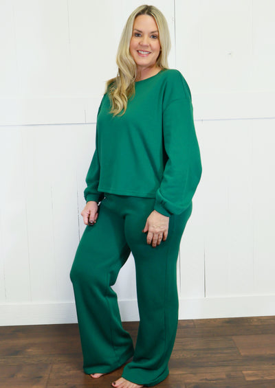 Zenana French Ribbed Pants Set Dark Green