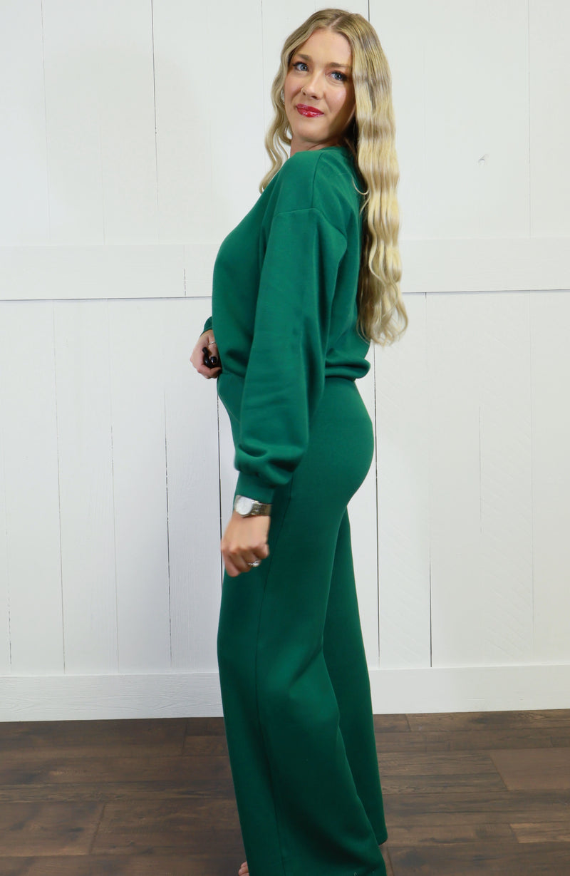 Zenana French Ribbed Pants Set Dark Green