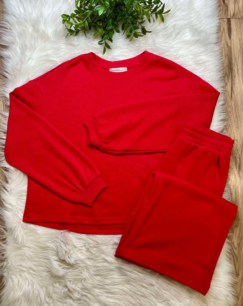 Zenana French Ribbed Pants Set Ruby Red