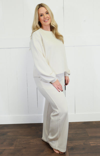 Zenana French Ribbed Pants Set Sand Beige