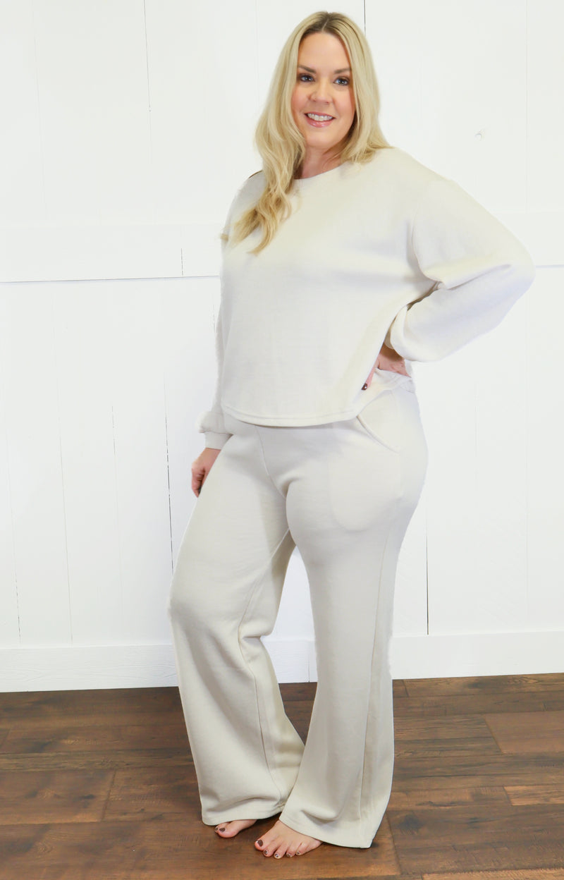 Zenana French Ribbed Pants Set Sand Beige