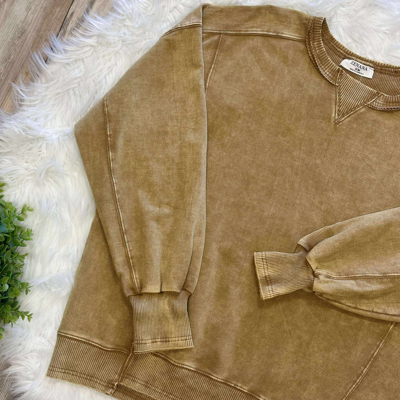 Zenana Basic French Terry Acid Wash Pullover Sweater Camel