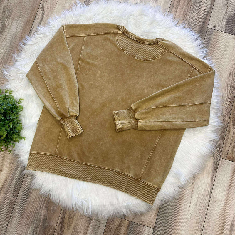 Zenana Basic French Terry Acid Wash Pullover Sweater Camel