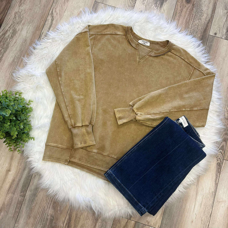 Zenana Basic French Terry Acid Wash Pullover Sweater Camel