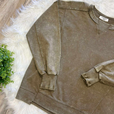 Zenana Basic French Terry Acid Wash Pullover Sweater Mocha