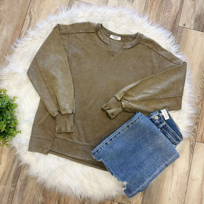 Zenana Basic French Terry Acid Wash Pullover Sweater Mocha