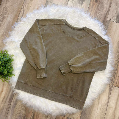 Zenana Basic French Terry Acid Wash Pullover Sweater Mocha