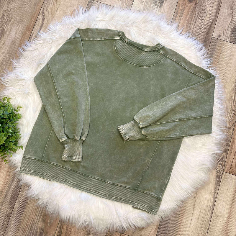 Zenana Basic French Terry Acid Wash Pullover Sweater light olive