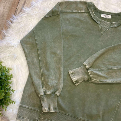 Zenana Basic French Terry Acid Wash Pullover Sweater light olive