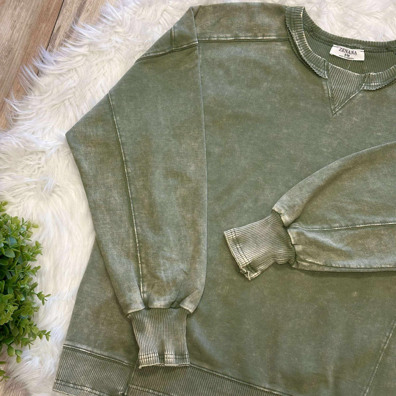 Zenana Basic French Terry Acid Wash Pullover Sweater light olive