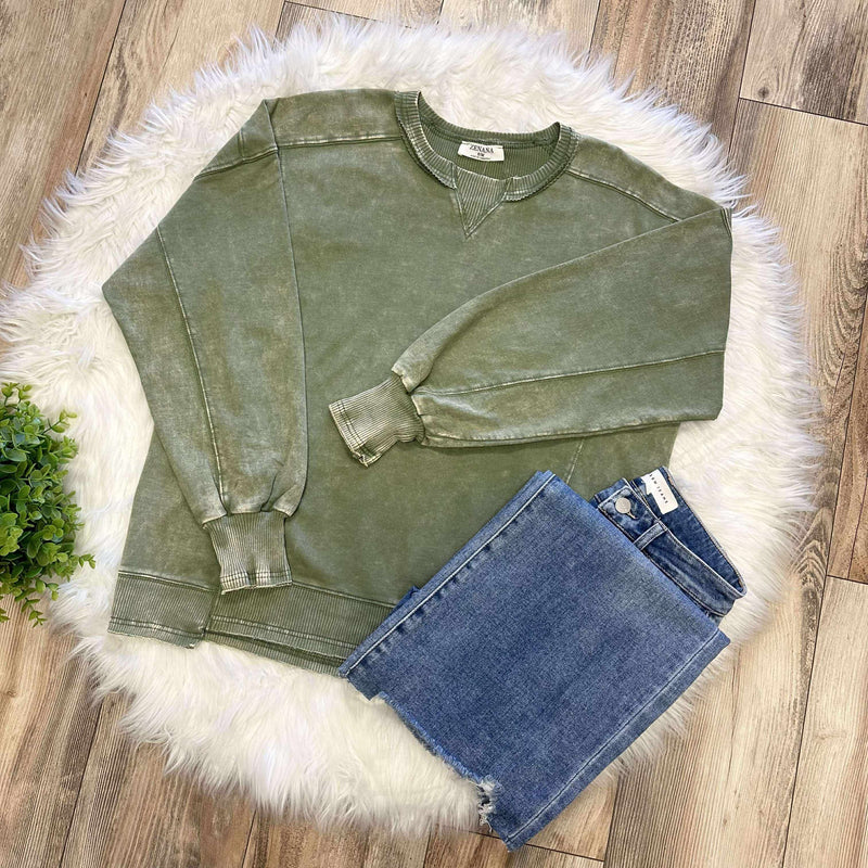 Zenana Basic French Terry Acid Wash Pullover Sweater light olive