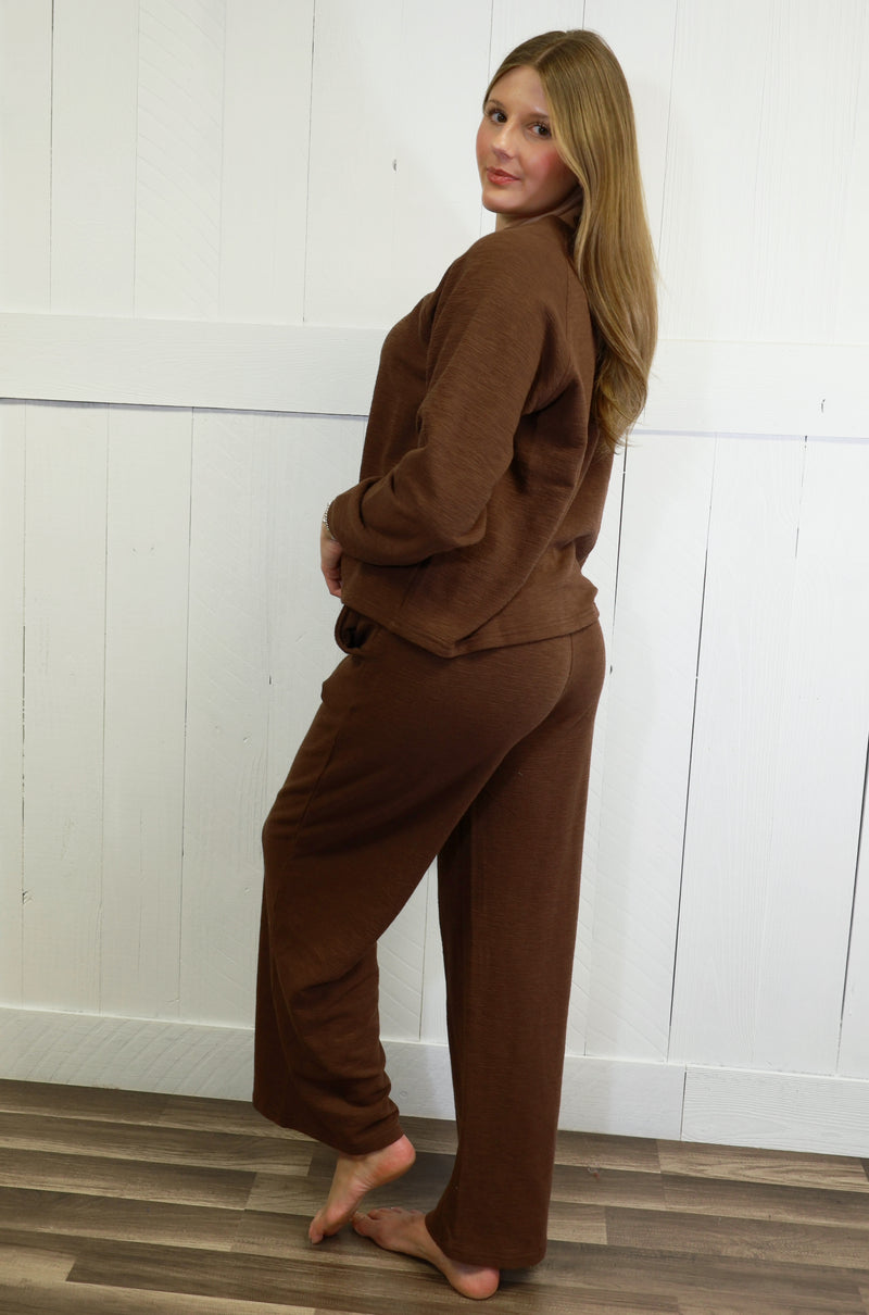 Zenana Long Sleeve Lounge Set Brown