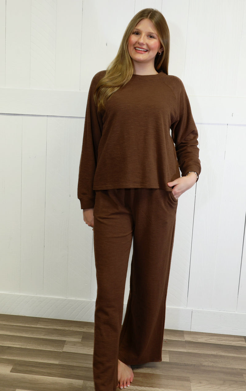 Zenana Long Sleeve Lounge Set Brown