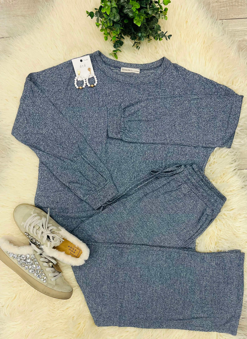 Zenana Melange Super Soft Lounge Set Dark Navy