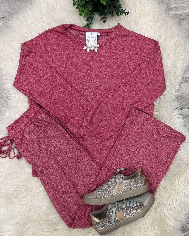 Zenana Melange Super Soft Lounge Set Dark Red