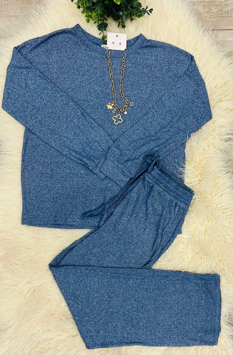 Zenana Melange Super Soft Lounge Set Navy