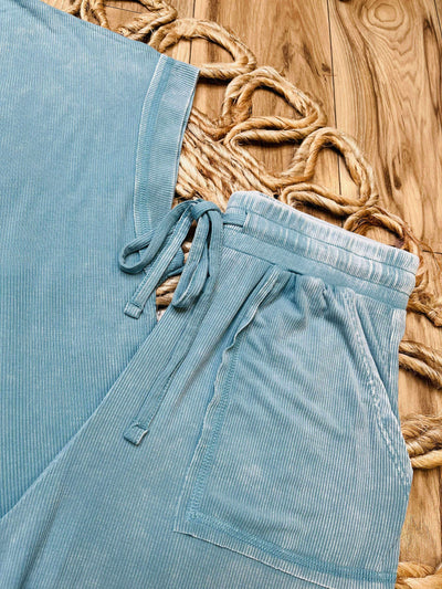 Zenana Ribbed Acid Wash Pants Set Dusty Teal