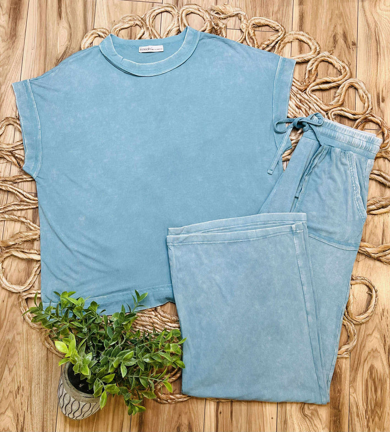 Zenana Ribbed Acid Wash Pants Set Dusty Teal
