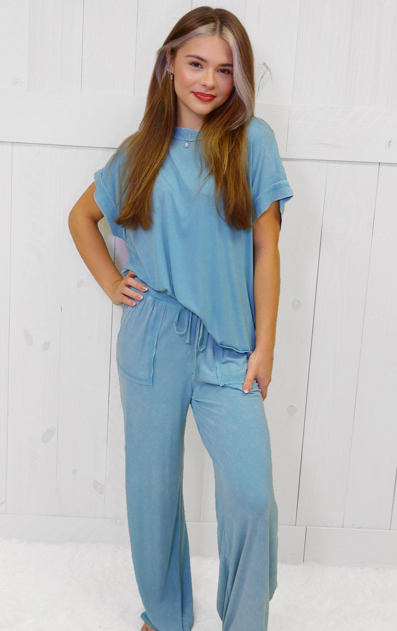 Zenana Ribbed Acid Wash Pants Set Dusty Teal