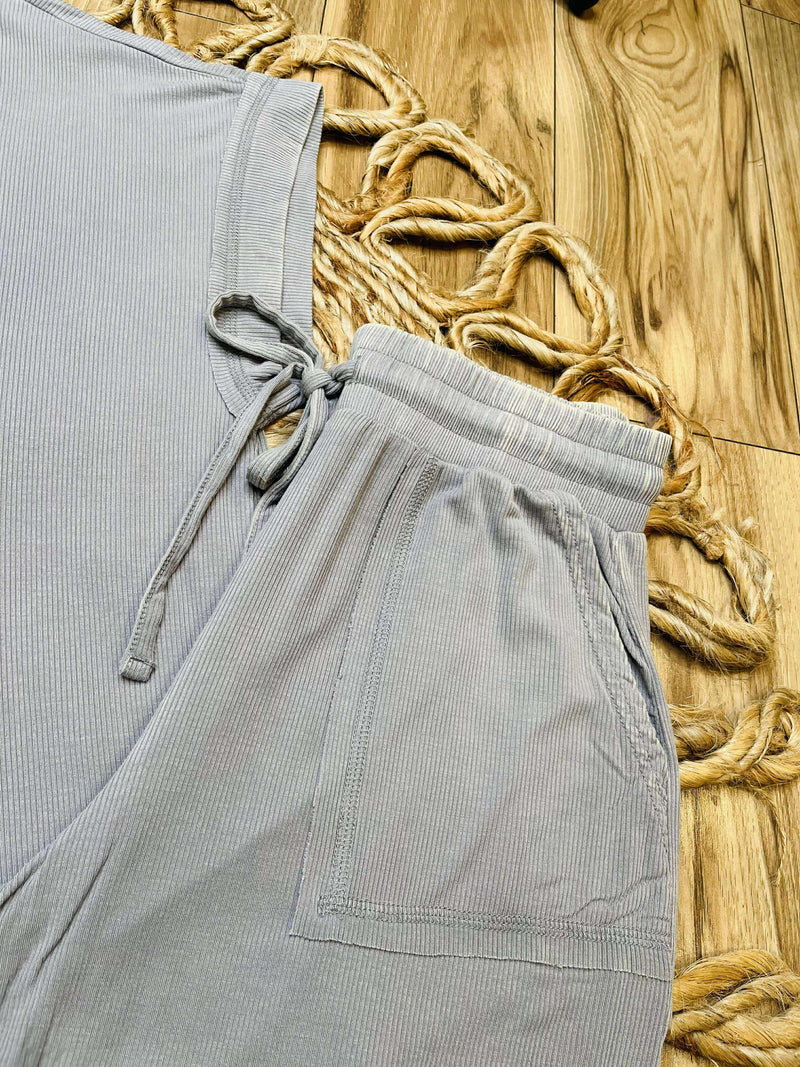 Zenana Ribbed Acid Wash Pants Set Sleet
