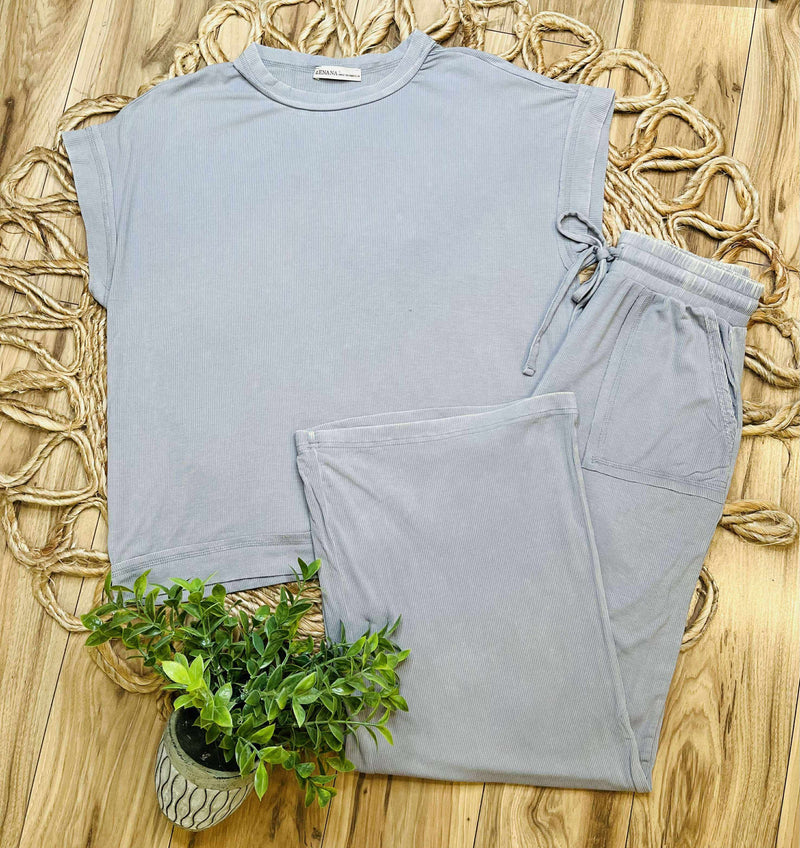 Zenana Ribbed Acid Wash Pants Set Sleet