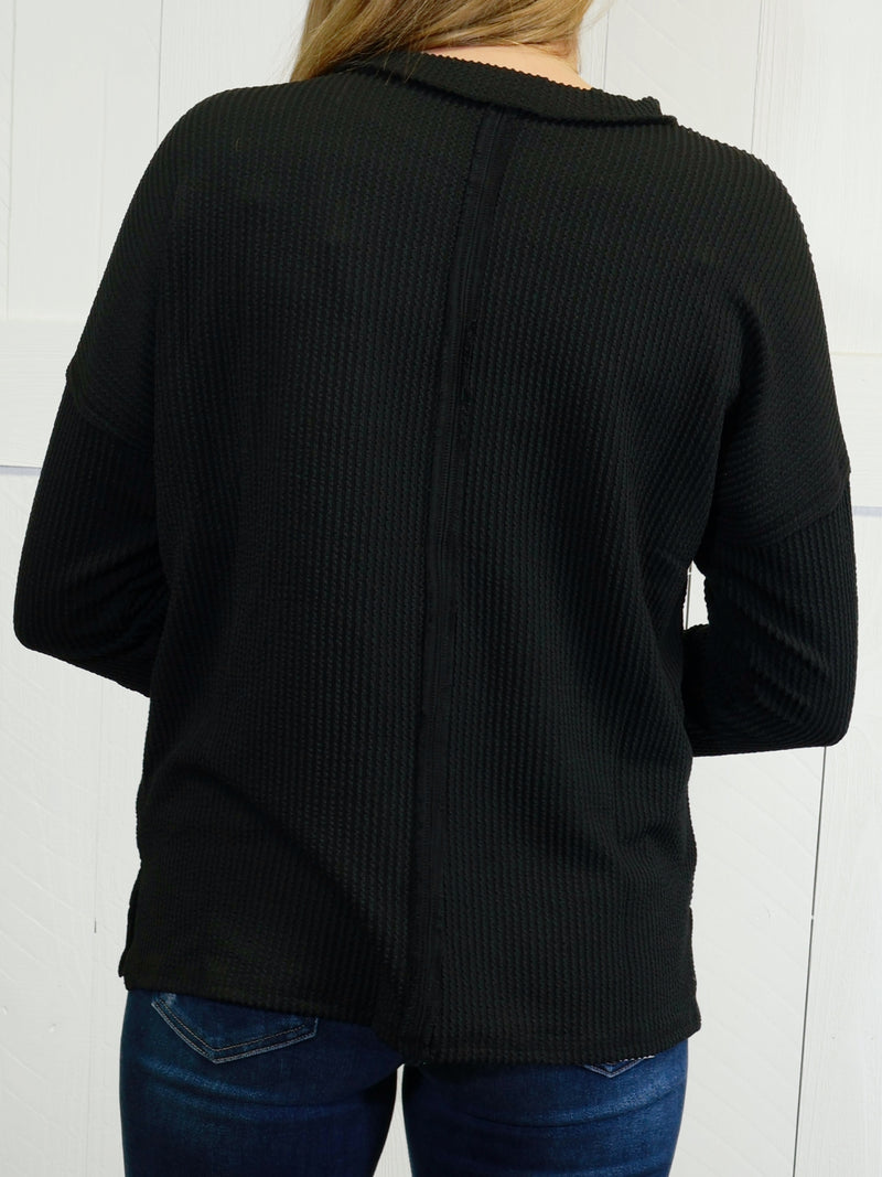Zenana Ribbed Raw Edge Pocket Top Black