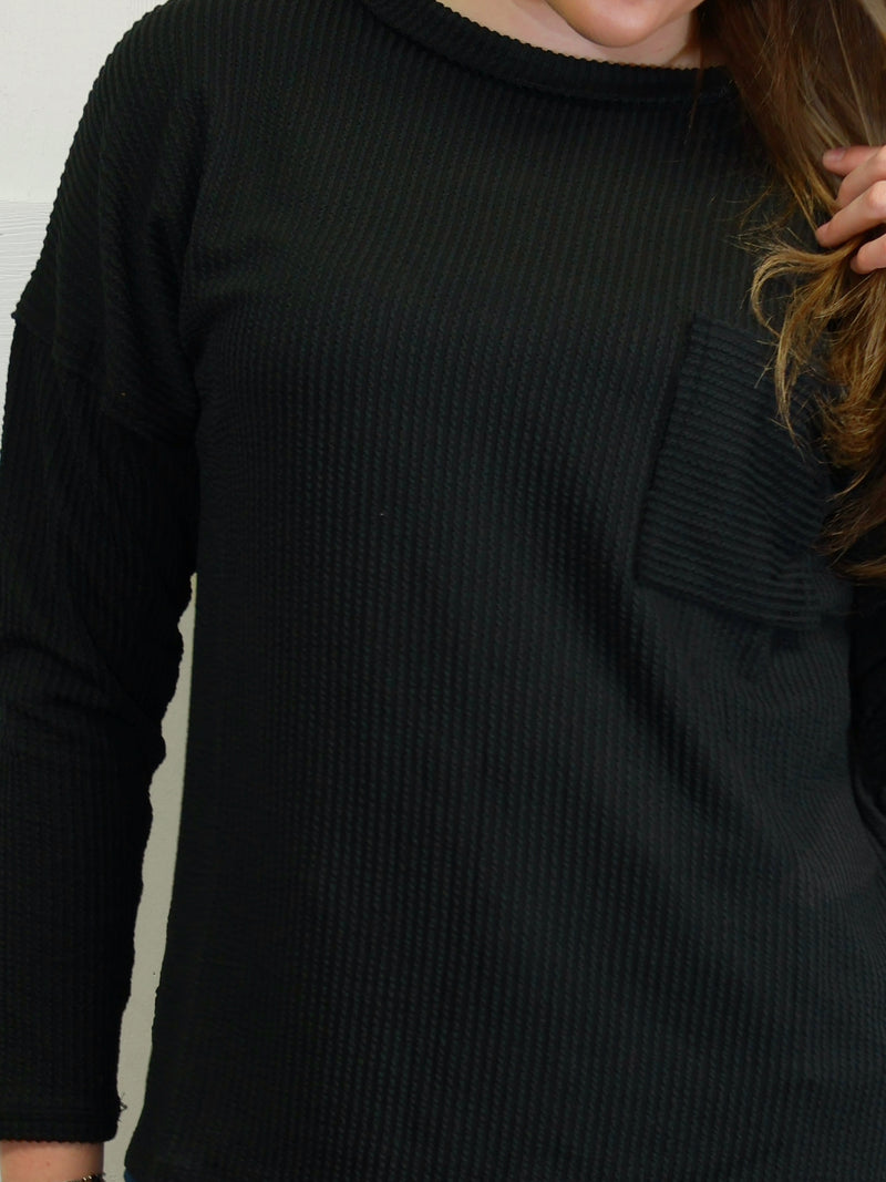 Zenana Ribbed Raw Edge Pocket Top Black