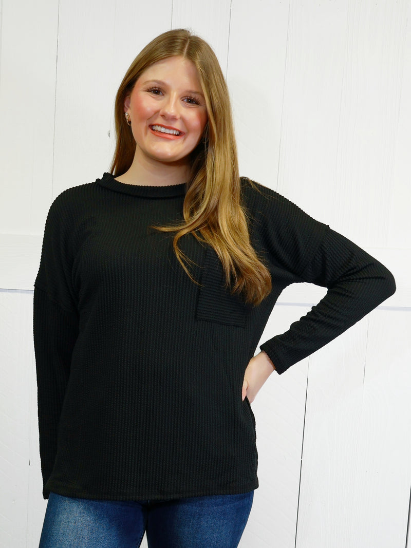 Zenana Ribbed Raw Edge Pocket Top Black