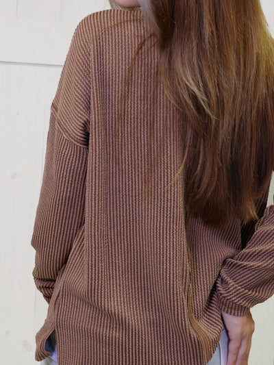 Zenana Ribbed Raw Edge Pocket Top Brown