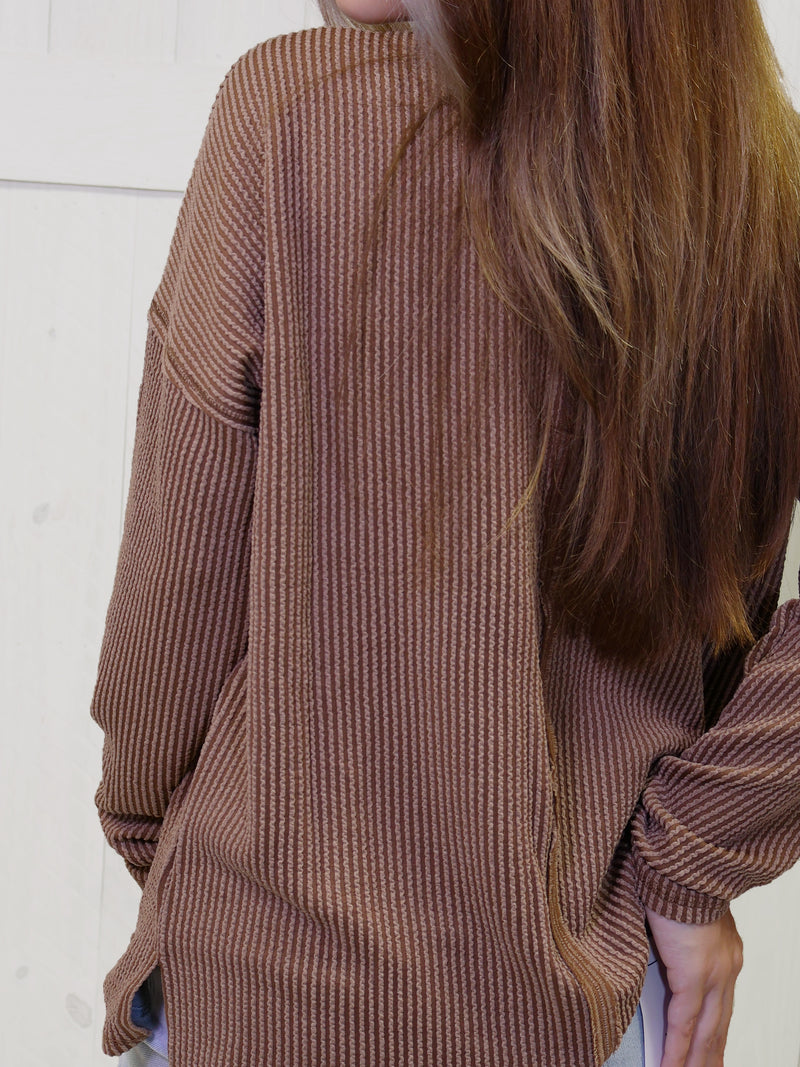 Zenana Ribbed Raw Edge Pocket Top Brown