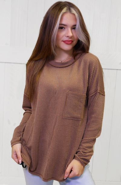 Zenana Ribbed Raw Edge Pocket Top Brown