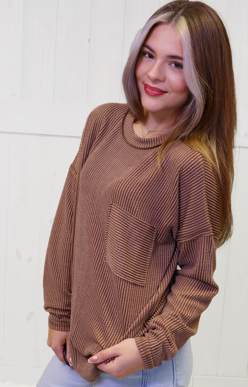 Zenana Ribbed Raw Edge Pocket Top Brown