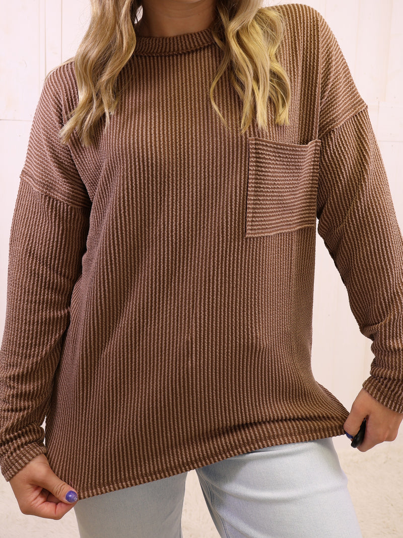 Zenana Ribbed Raw Edge Pocket Top Brown