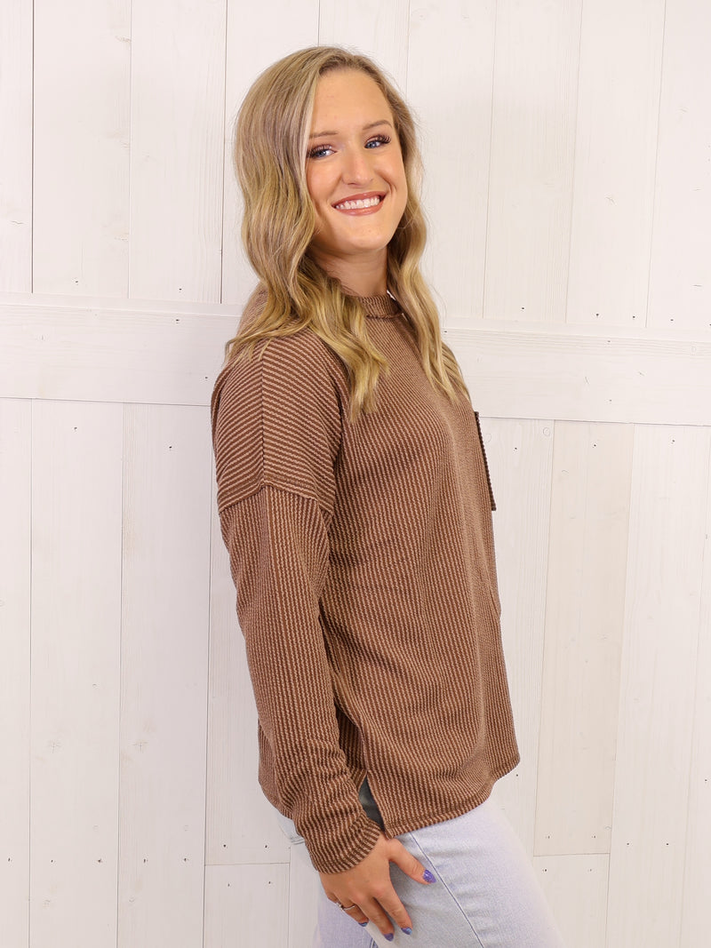 Zenana Ribbed Raw Edge Pocket Top Brown