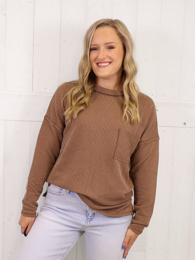 Zenana Ribbed Raw Edge Pocket Top Brown
