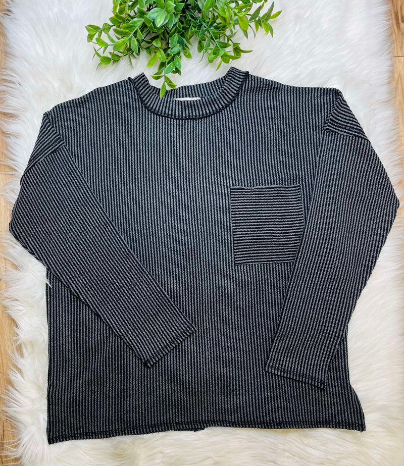 Zenana Ribbed Raw Edge Pocket Top Charcoal