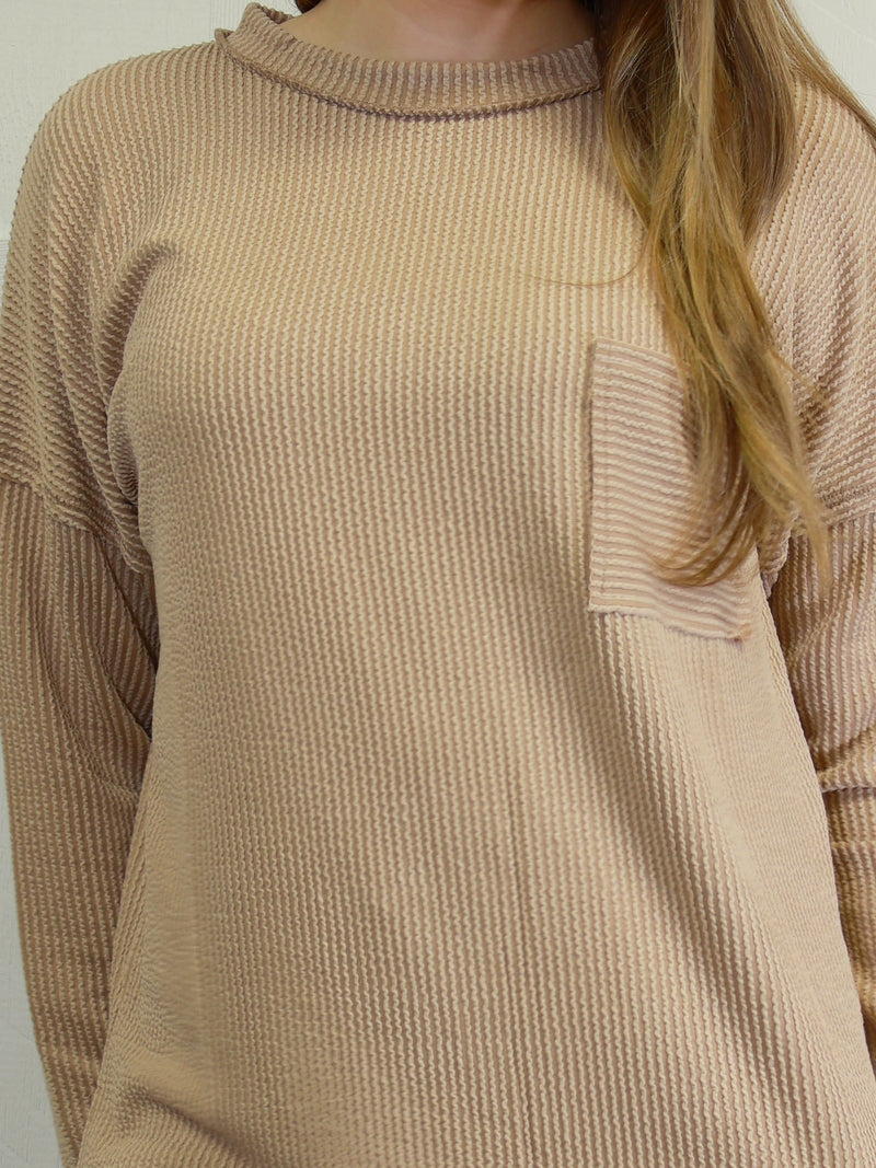 Zenana Ribbed Raw Edge Pocket Top Color Coco