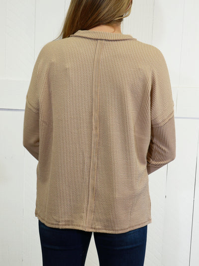 Zenana Ribbed Raw Edge Pocket Top Color Coco
