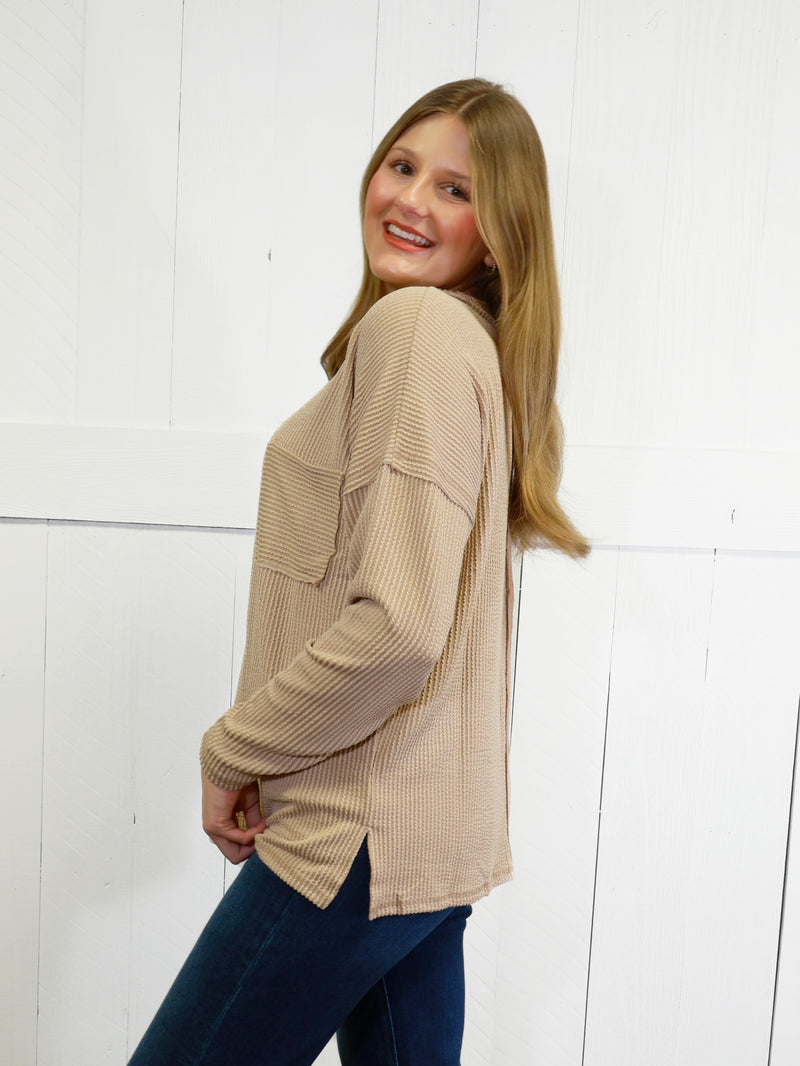 Zenana Ribbed Raw Edge Pocket Top Color Coco