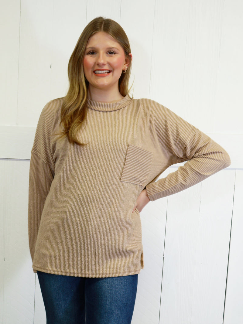 Zenana Ribbed Raw Edge Pocket Top Color Coco