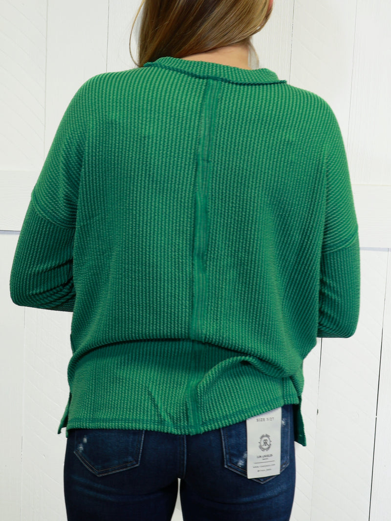 Zenana Ribbed Raw Edge Pocket Top Dark Green