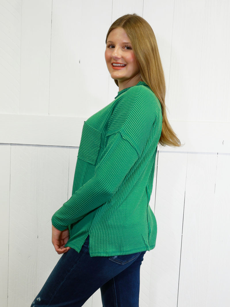 Zenana Ribbed Raw Edge Pocket Top Dark Green